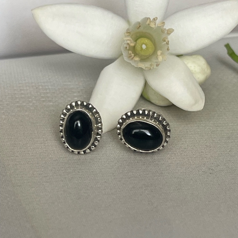 925 Sterling Silver Natural Black Onyx Oval Stud Earrings. “BOHO”